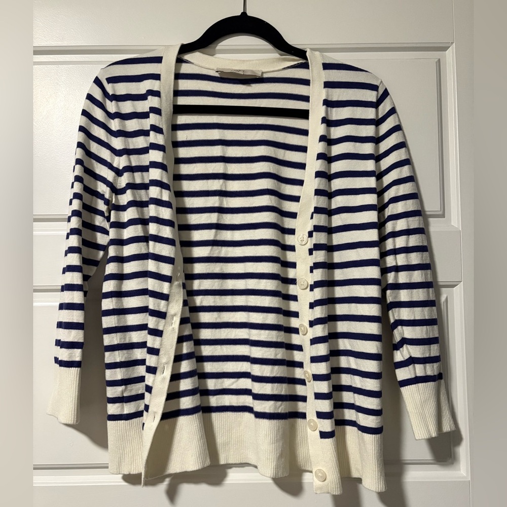 LOFT Navy and White Striped Cardigan